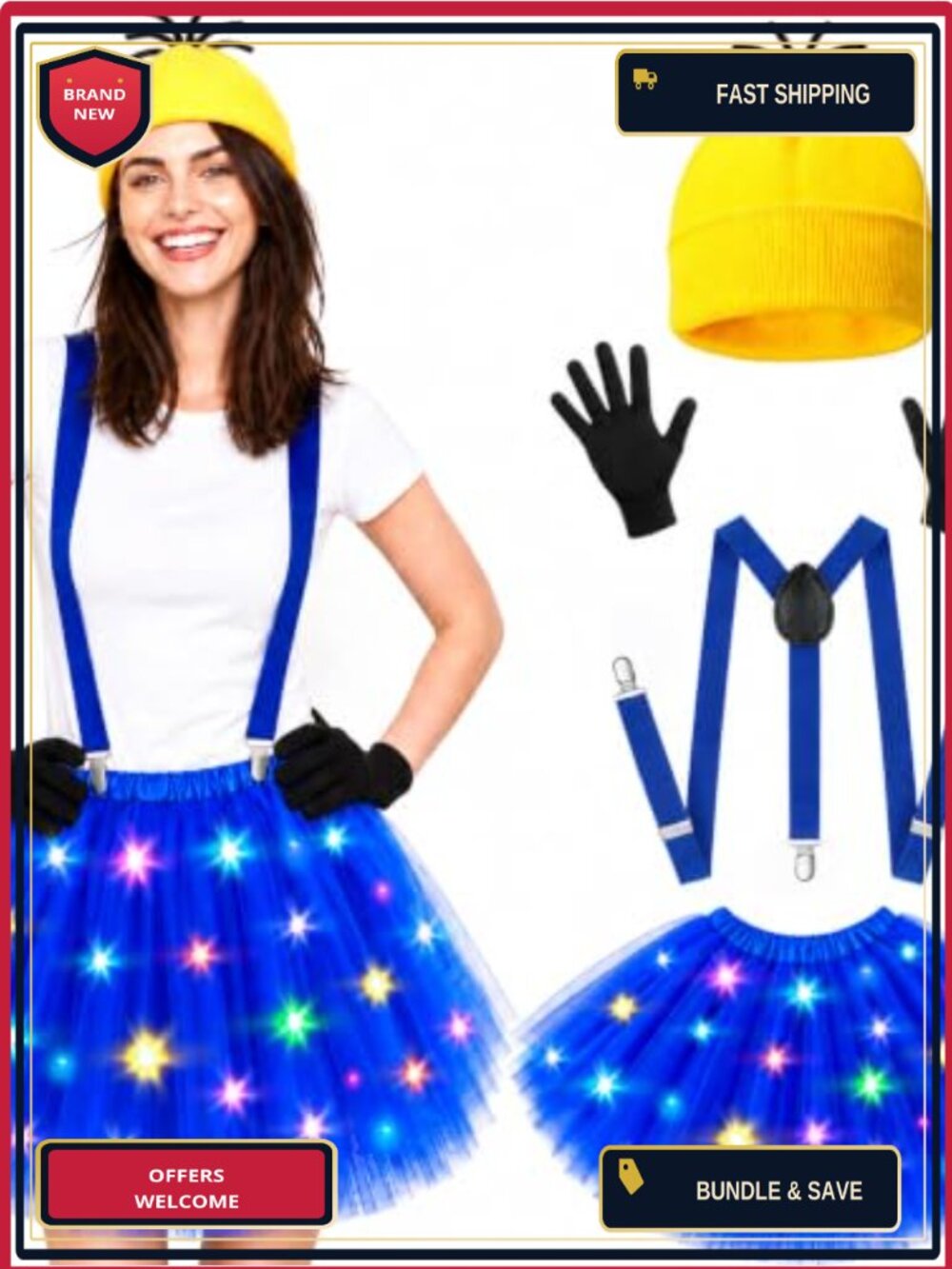 Womens LED Light Up Tutu Skirt Halloween Costume Accessory Set